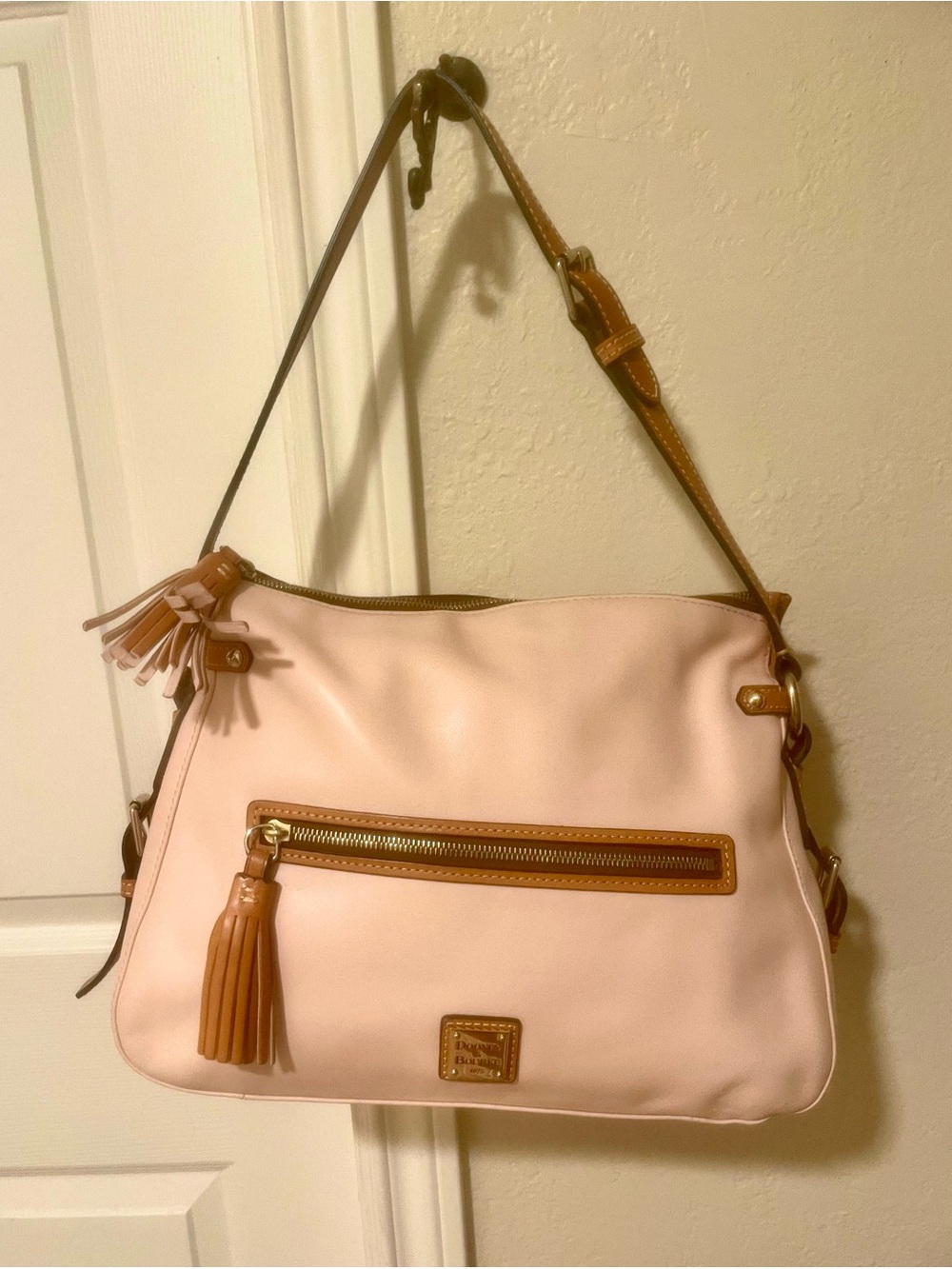 Dooney & Bourke large  Pink Leather Shoulder Bag with Tan Trim